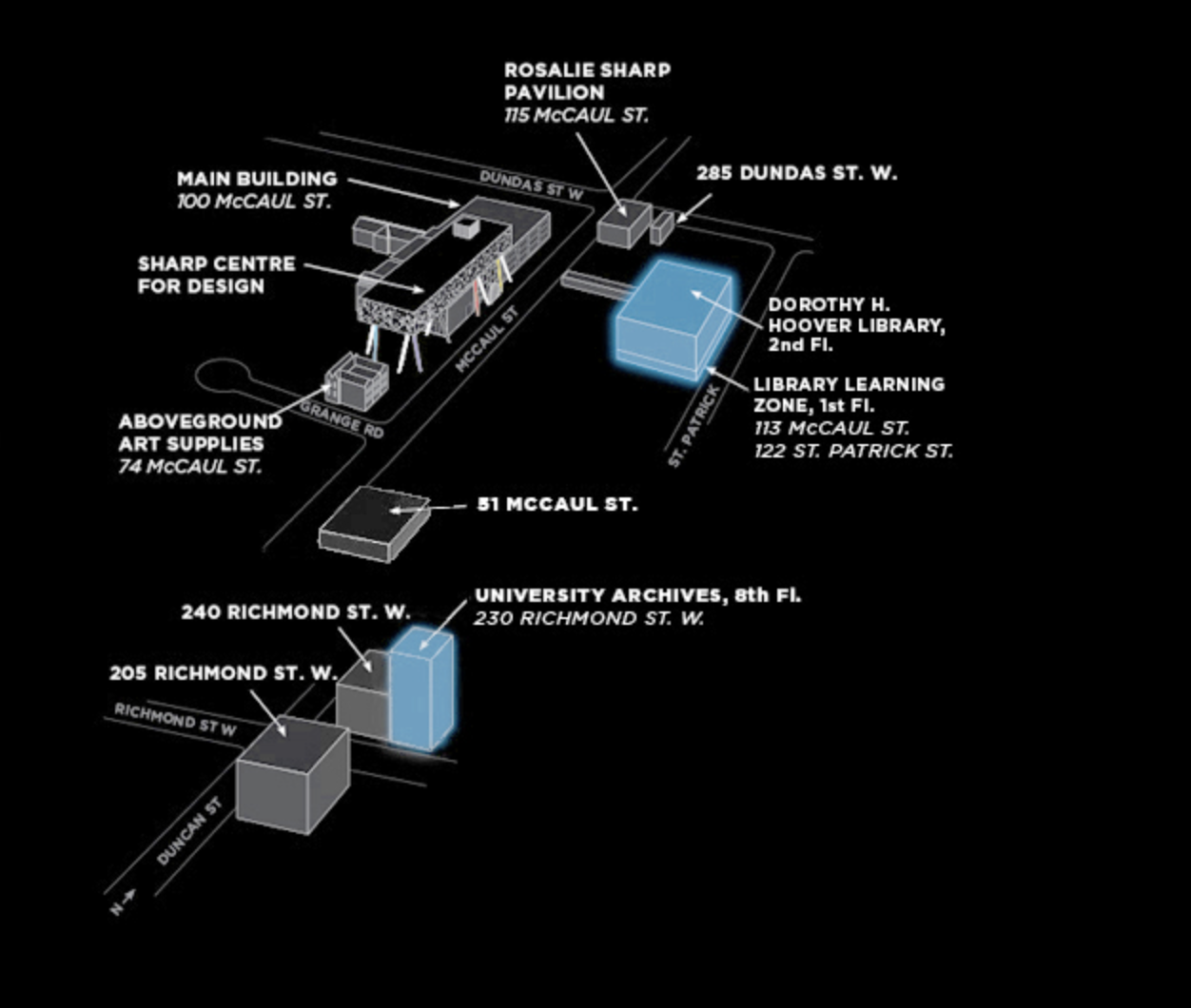 Map of the OCAD U campus showing the library locations