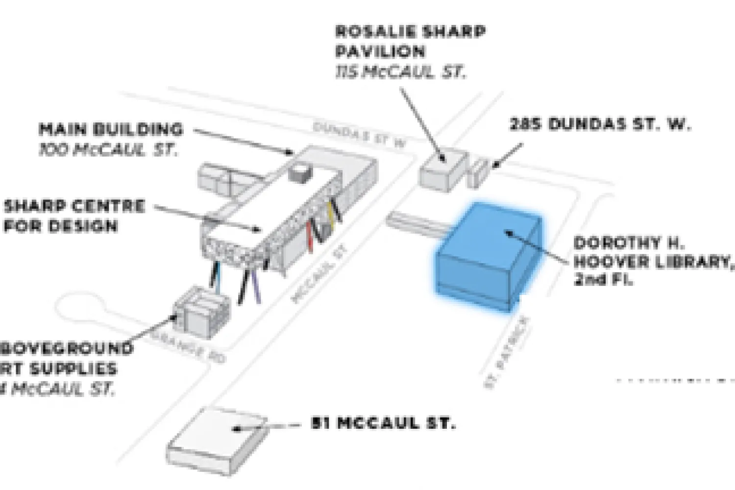 Campus map highlighting the Dorothy H. Hoover Library at 113 McCaul St.