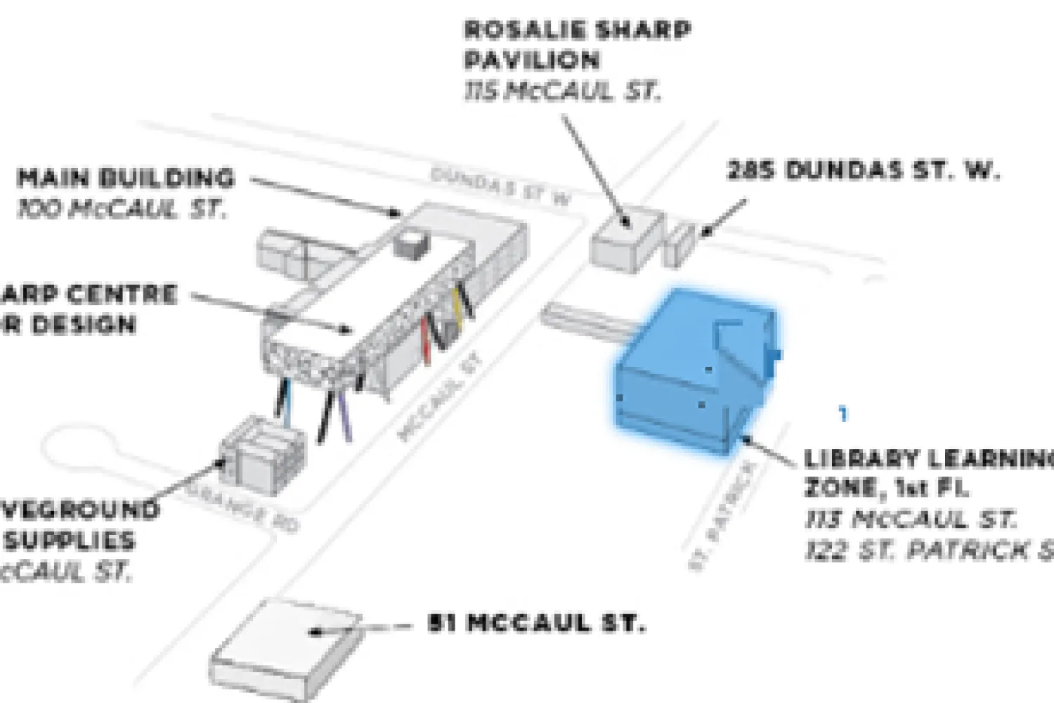 Campus map highlighting the Library Learning Zone at 113 McCaul St.