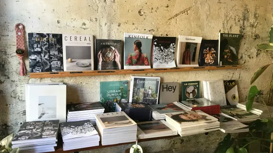 Shelves of art and design magazines on display