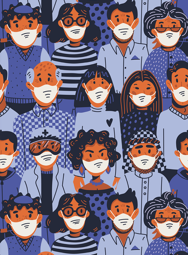 Illustrated crowd wearing masks